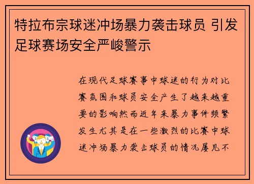 特拉布宗球迷冲场暴力袭击球员 引发足球赛场安全严峻警示 特拉布宗球迷冲场暴力袭击球员 引发足球赛场安全严峻警示